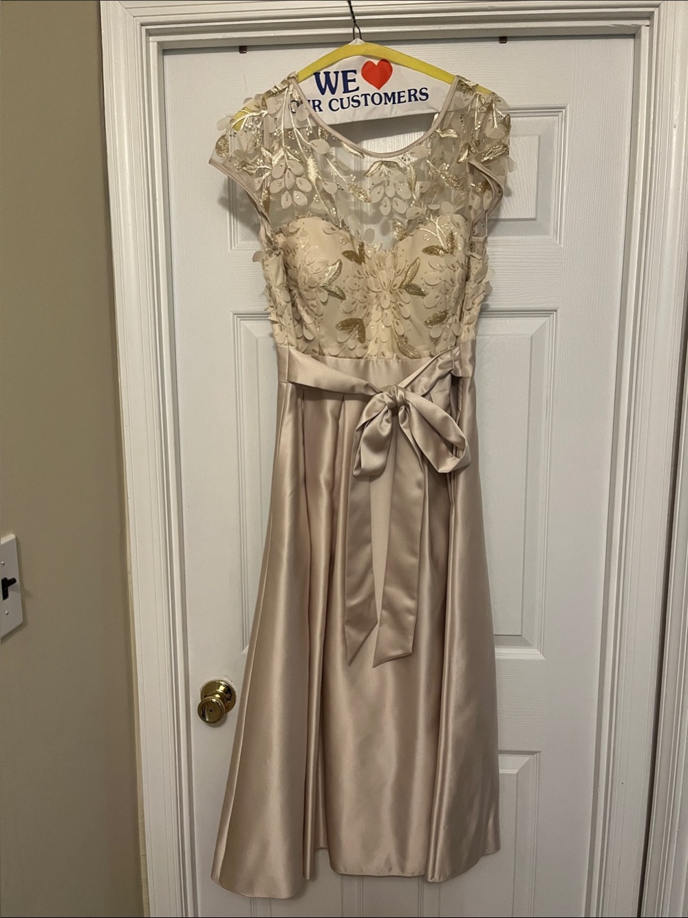 Elegant Champagne Lace Bodice Satin Skirt Dress.  V-neck back.  Like new